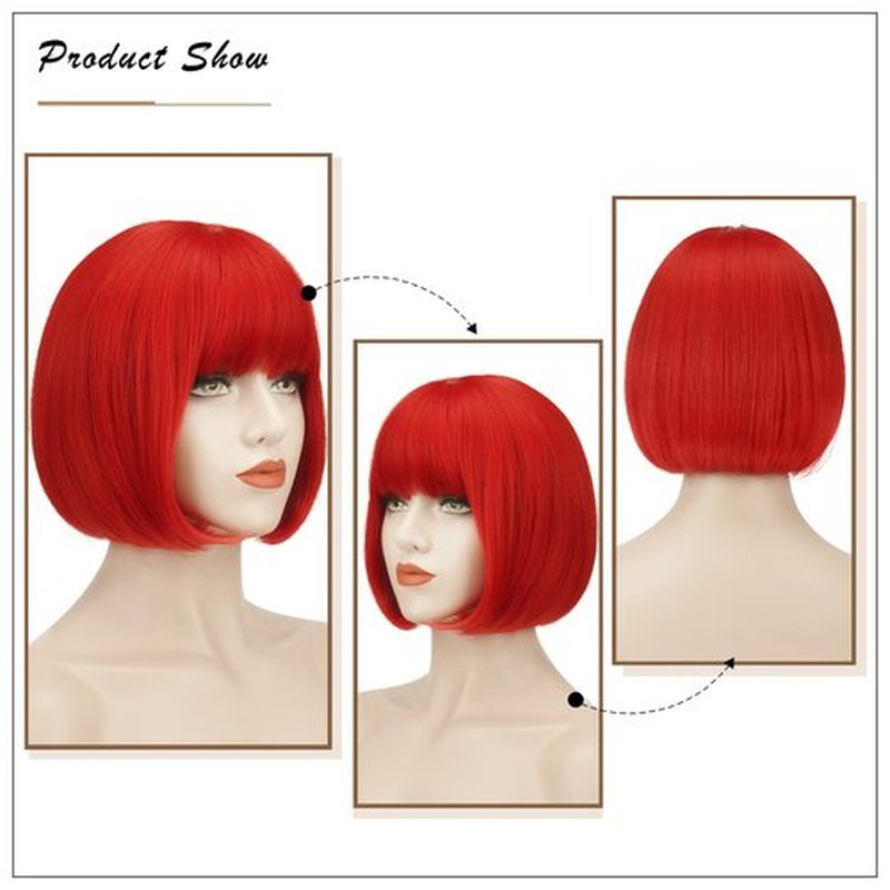 SOFEIYAN Short Straight Bob Wigs with Bangs 11 inch Synthetic Daily Party Cosplay Hair Wig for Black Women, Red