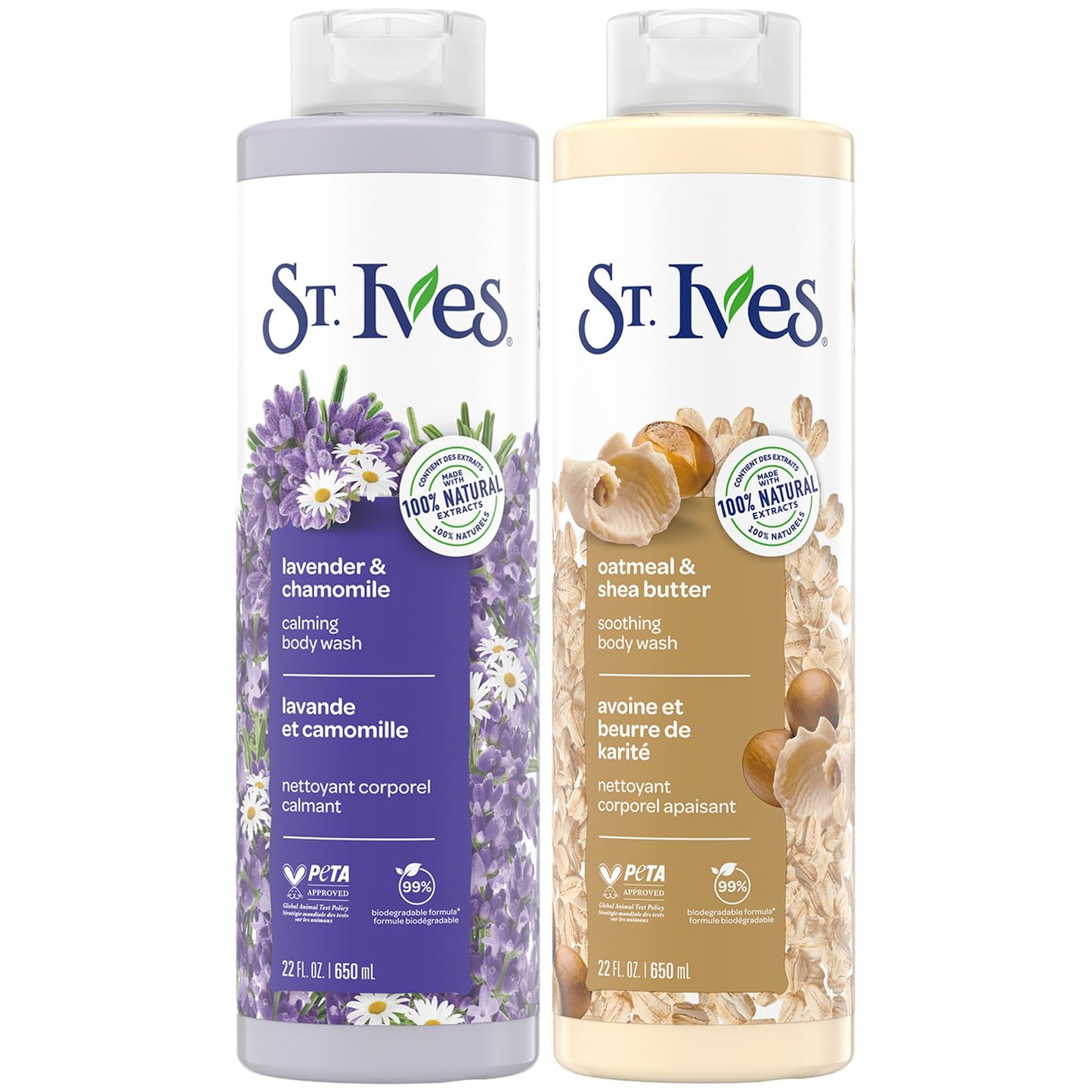 St. Ives Body Wash Variety 2-Pack – Soothing Oatmeal & Shea Butter + Calming Lavender & Chamomile, 100% Natural Extracts, Cruelty-Free, 22 Oz Ea