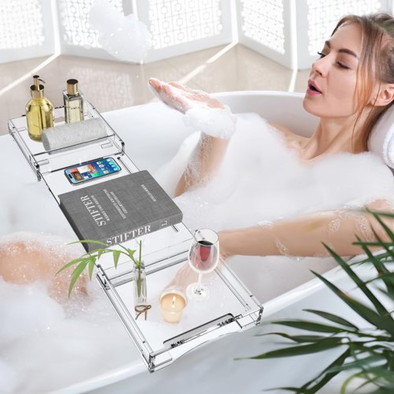 Bathtub Tray Caddy Table for Tub - Rulyyo Tub Tray Bath Caddy Tray for Bathtub, Clear 18-32.5 Inch Expandable Over The Tub Bath Tray for Bathtub, Waterproof Bathtub Caddy Tray for Luxury Bath