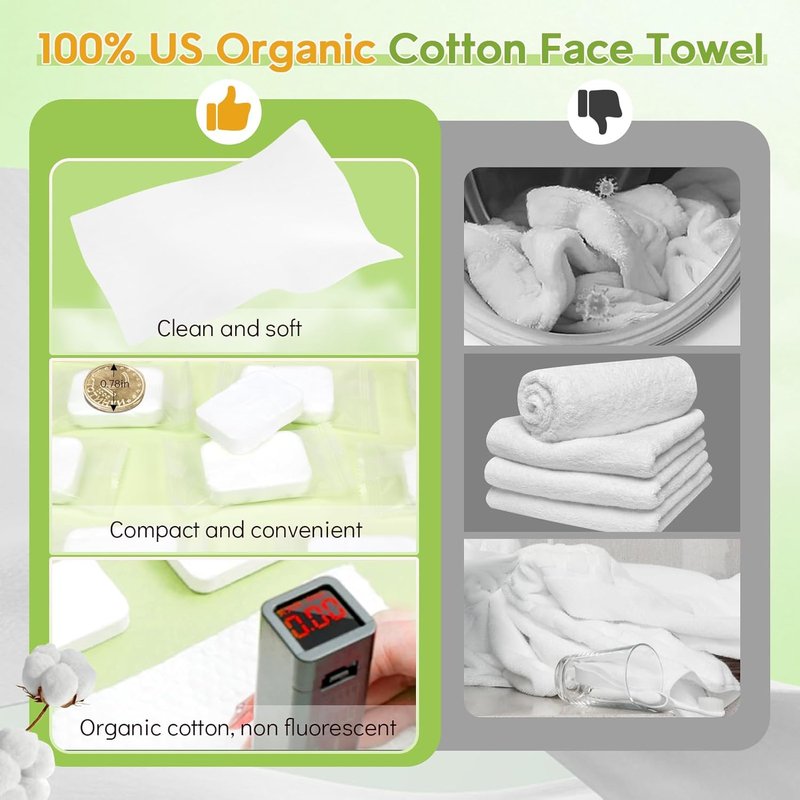 Compressed Towel - Mini Ultra-Soft Pure Cotton Disposable Face Towel | Portable Cleansing Tissue for Travel, Camping, Hiking, Green