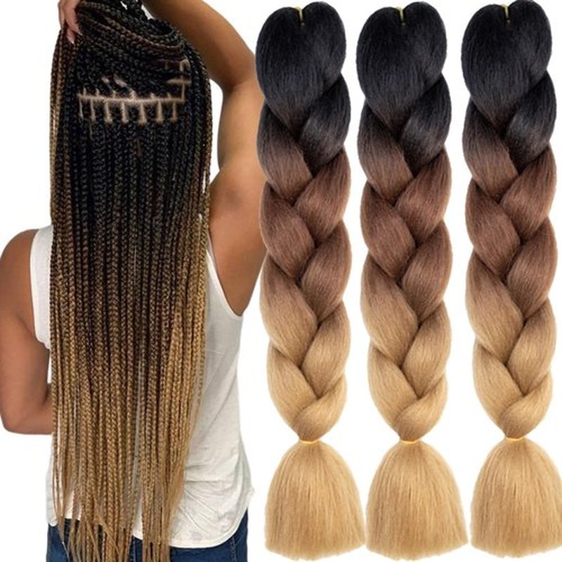 TENGSHUO FLY Black to Brown to Light Brown Braiding Hair 3 Packs Synthetic Braid Hair Extensions Ombre Braiding Hair 24 Inch or Box Braids Twist Crochet Braids(24"3Pack,Black to Brown to Light Brown)