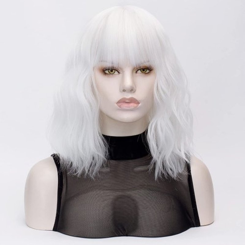 QACCF Short White Wig Short Wavy Pelucas Shoulder Length Women Full Bang Heat Resistant Women Party Realistic Wig (Ivory)