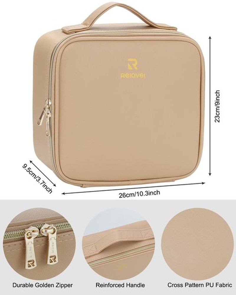 Relavel Travel Makeup Train Case Makeup Cosmetic Case Organizer Portable Artist Storage Bag with Adjustable Dividers for Cosmetics Makeup Brushes Toiletry Jewelry Digital Accessories Brown