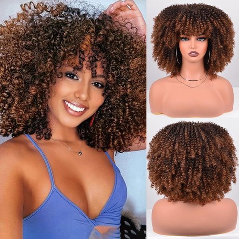 Vitorish Synthetic Hair Wig 12 Inches Curly Afro Wig With Bangs about 280g/Piece Full Machine Made Scalp Top Wig Afro Kinky Curly Synthetic Hair Cosplay Wig (Black to Brown)