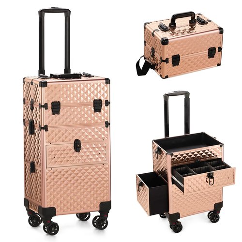 Imseigo 2-In-1 Makeup Train Case Large Storage, Detachable Universal Wheels, Portable Aluminum Cosmetic Trolley, Makeup Travel Case with Diamond Pattern Makeup Artists, Manicurists (Champagne Gold)