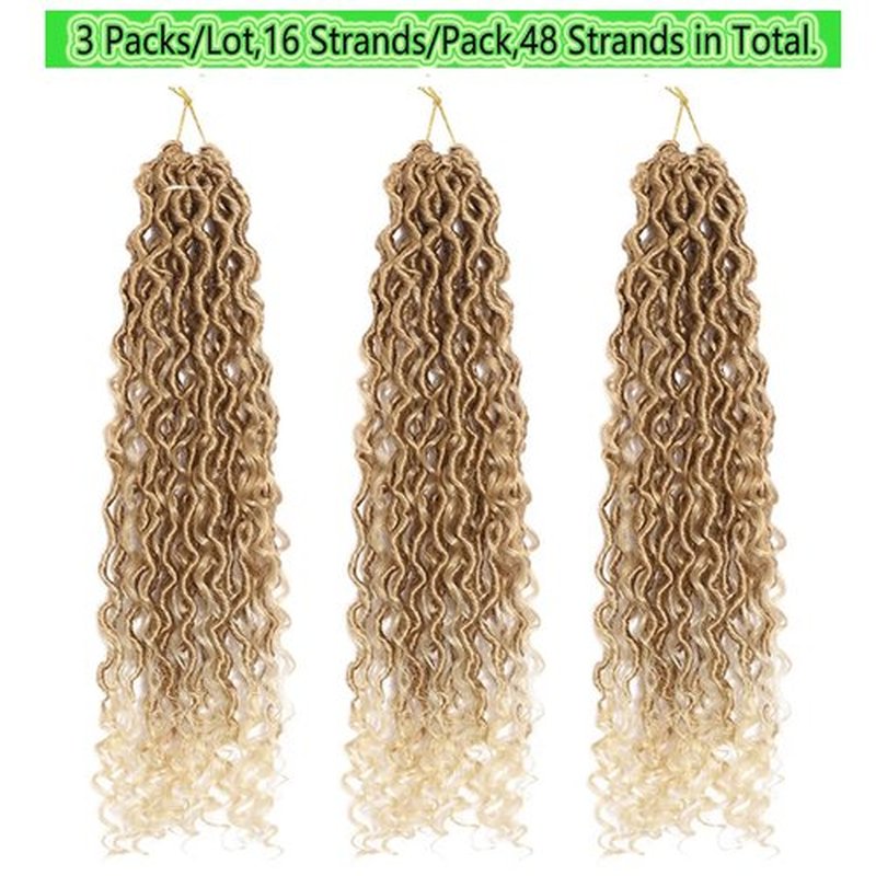 BALINGHAIR Goddess Locs Crochet Hair Ombre Light Brown to Beige 22 Inch 3 Packs Bohemian Faux Locs Crochet Hair With Curly Ends Pre Looped Hair Extensions 16 Roots/Pack(27/613)
