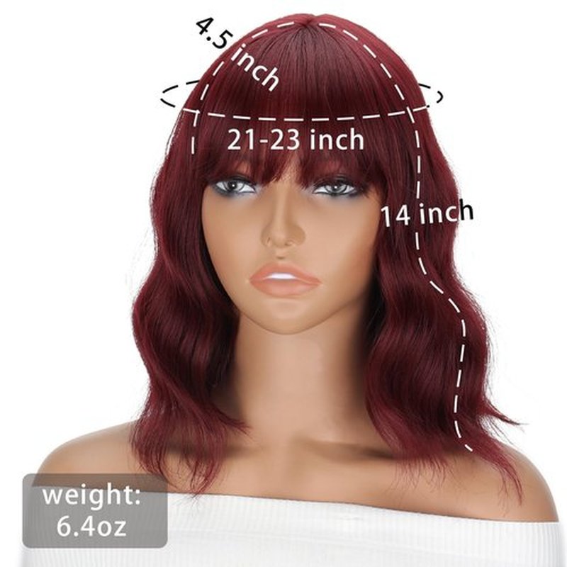 LINGHANG Short Wine Red Wavy Wig with Bangs,Dark Red Bob Wig for Women,Synthetic Hair Water Wave Medium Length Colorful Wigs,Cosplay wigs
