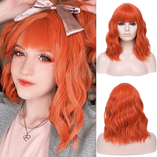WGPFWIG Women's Light Orange Wig Short Curly Wavy Wig Shoulder Length Flat Bangs Wig For Women Girl Cosplay Party Halloween Wig Cap Included (Light Orange)