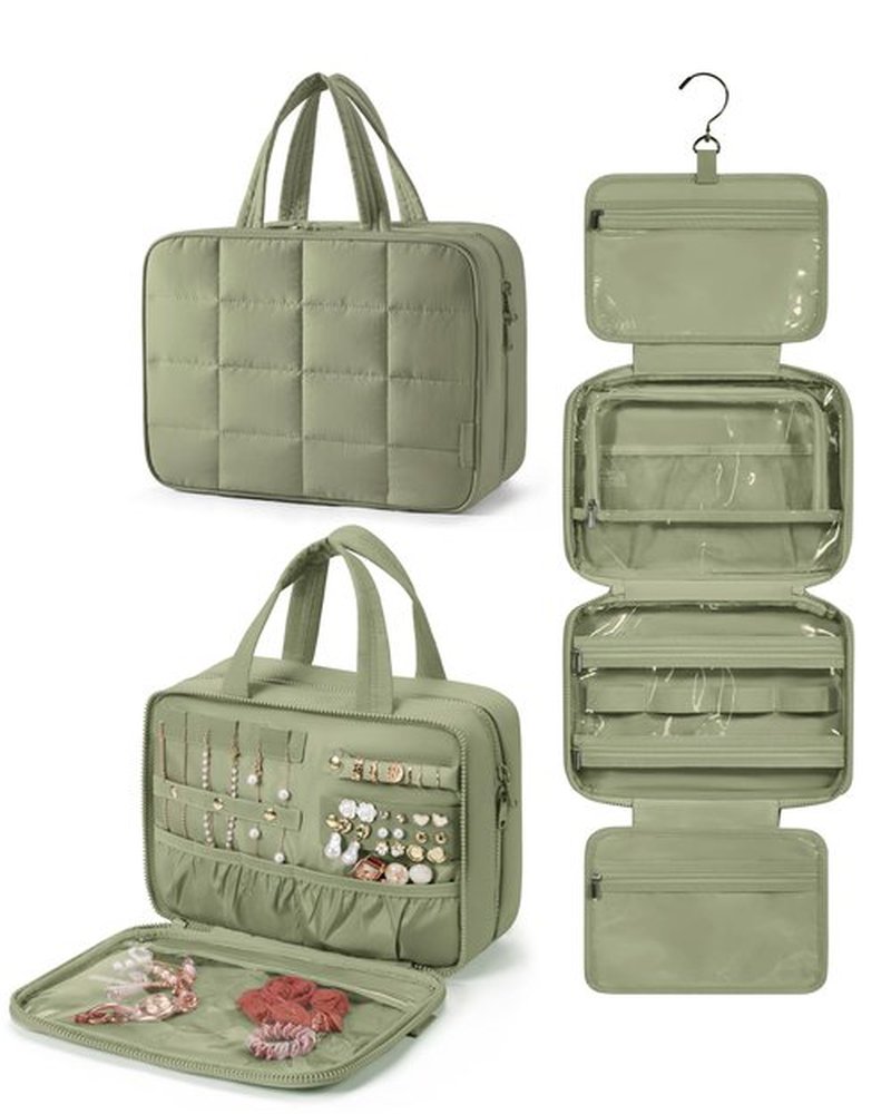 BAGSMART Travel Toiletry Bag with Jewelry Organizer, Hanging Travel Bag for Toiletries, Puffy Makeup Cosmetic Bag Organizer, Carry-on Travel Accessories Essentials, Green-L