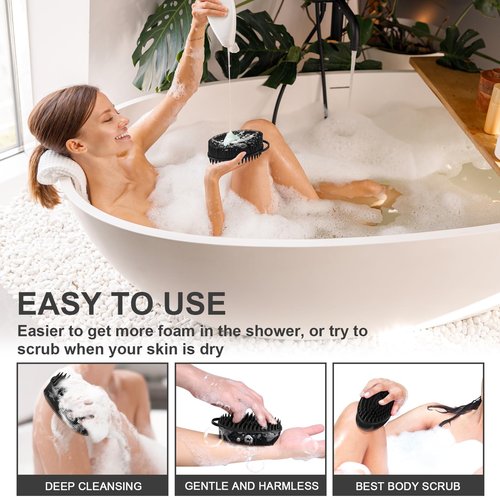 Metene Silicone Exfoliating Body Scrubber with Loop, Body Scrubber for Men and Women, Silicone Loofah for Shower, Soft Silicone Body Scrubber for Shower and Bath Skincare Routine(Black