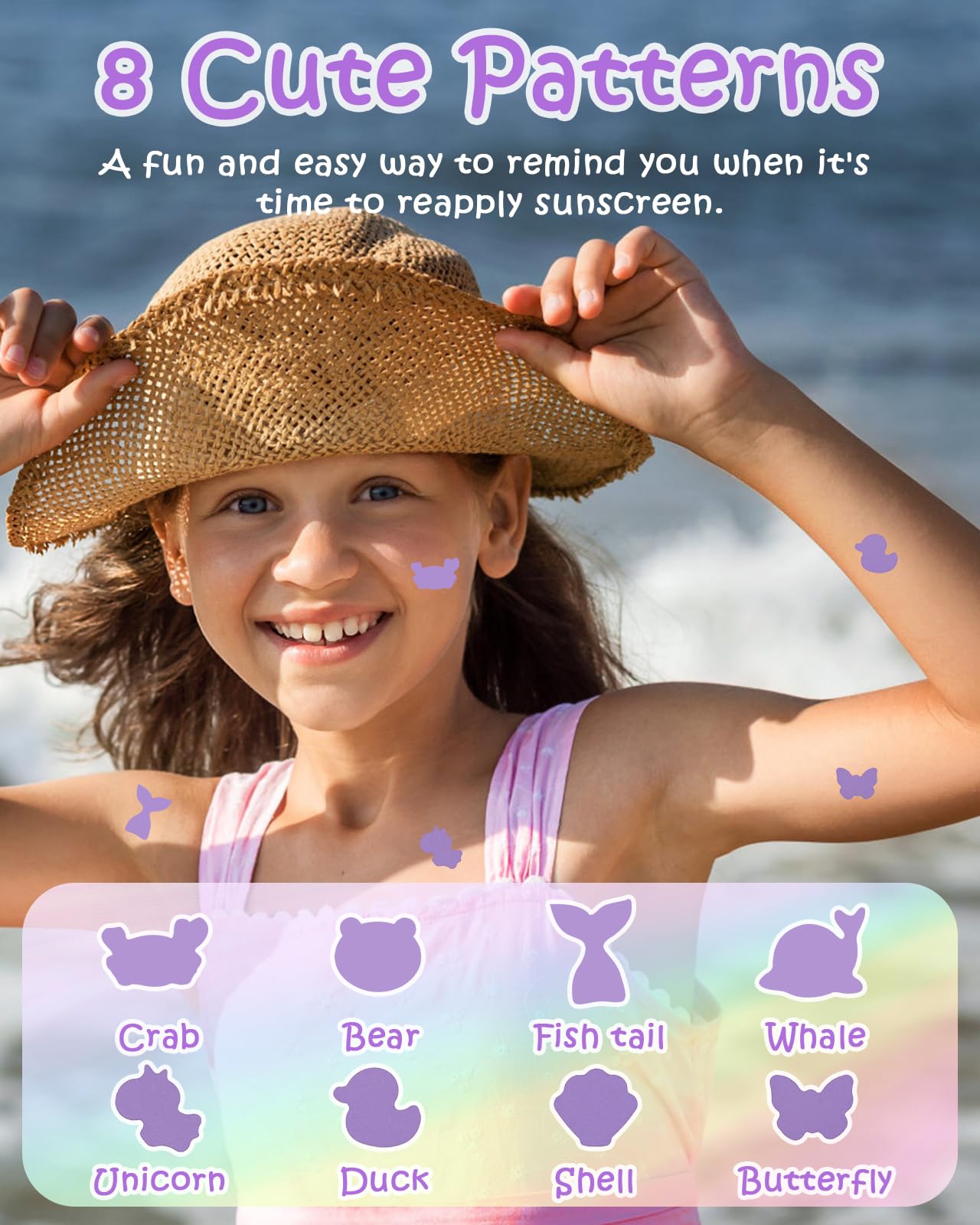 UV Detection Stickers for Sunscreen - 80 Count UV Detection Stickers, Know When to re-Apply Sunscreen, Sun Protection Reminder, 8 Cute Pattern Types