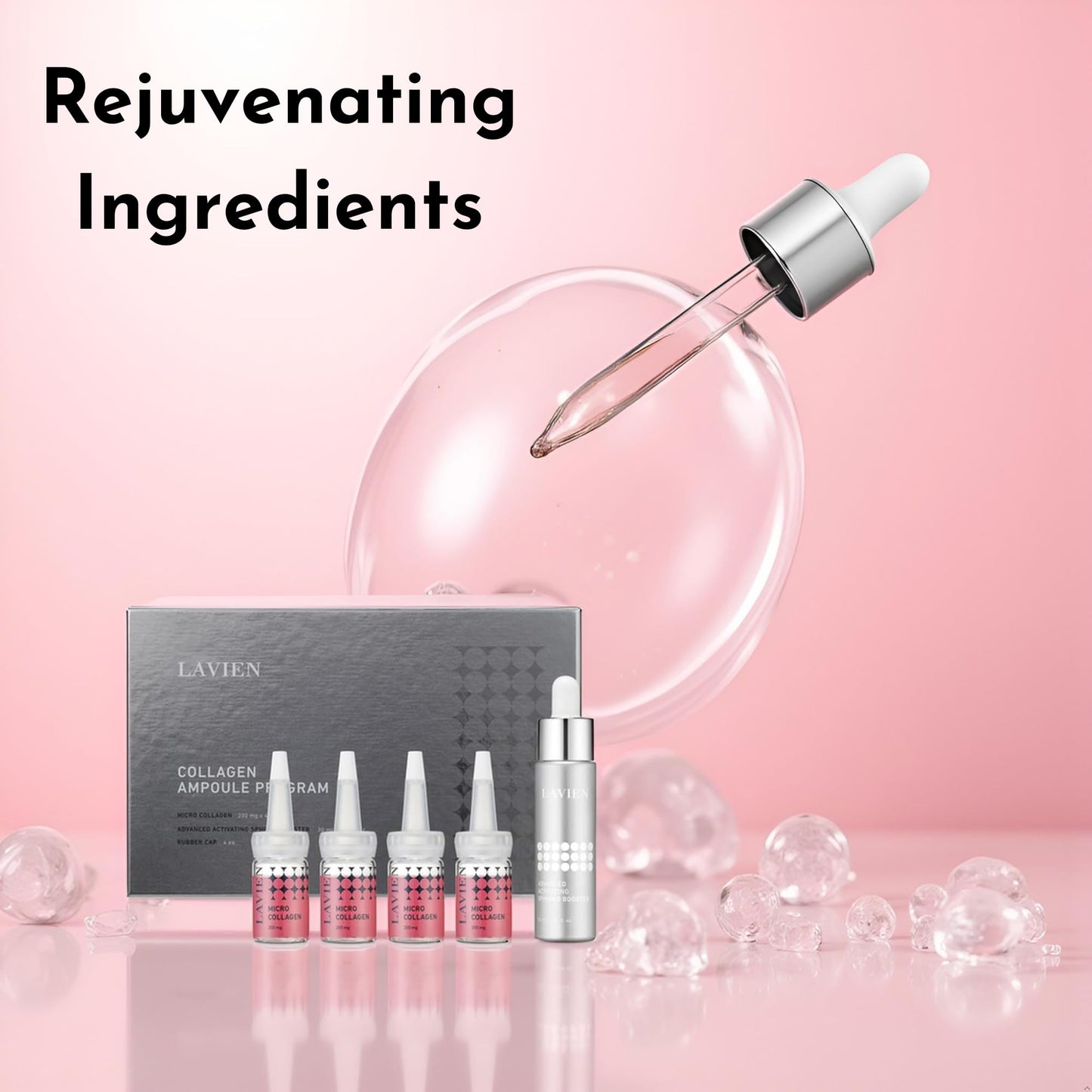 Lavien Collagen Ampoule Professional Program - Activating Booster, Ceramide, Elastin, Hyaluronic Acid, All Skin Types - 30ml Booster Bottle, 4-200mg Collagen with Dropper