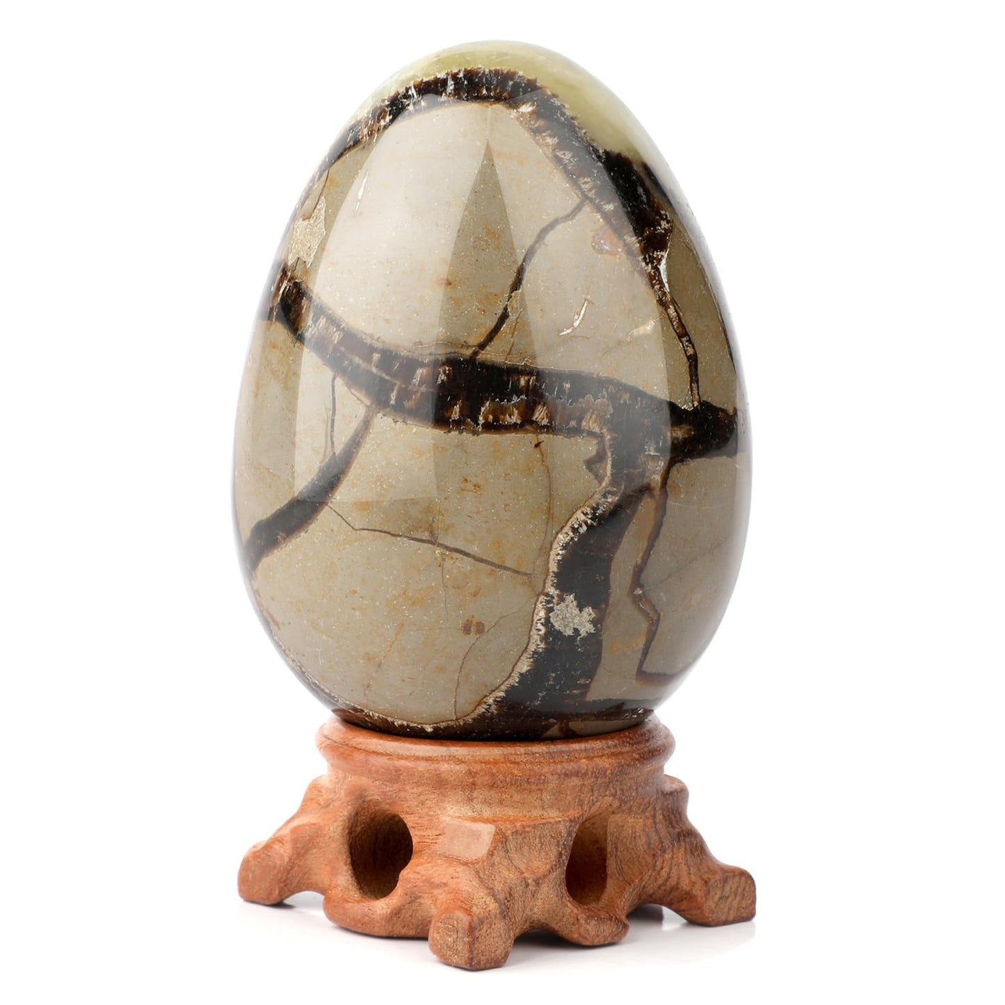 gemshan Big Stone Egg Figurine, Polished Healing Crystal 3.6inch Easter Eggs Sphere Sculpture with Wood Stand (Brown)