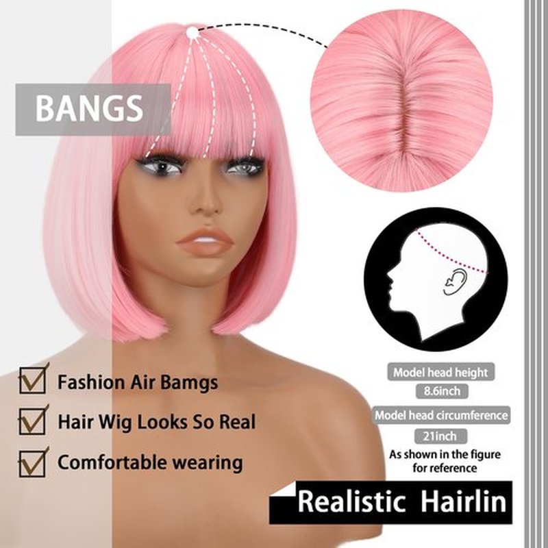WERD Short Pink Bob Wig for Women Light Pink Wig with Bangs Synthetic Hair Straight Pink Bob Wig for Daily Party Cosplay