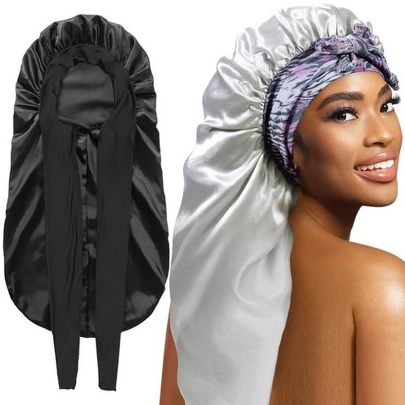 2Pack Bonnets for Black Women Braid Bonnet, Large Long Bonnet Satin Bonnet for Braids,Black Women Silk Bonnet with Stretchy Tie Band Braid Bonnet for Sleeping Extra Long (Black & Light Green Pattern