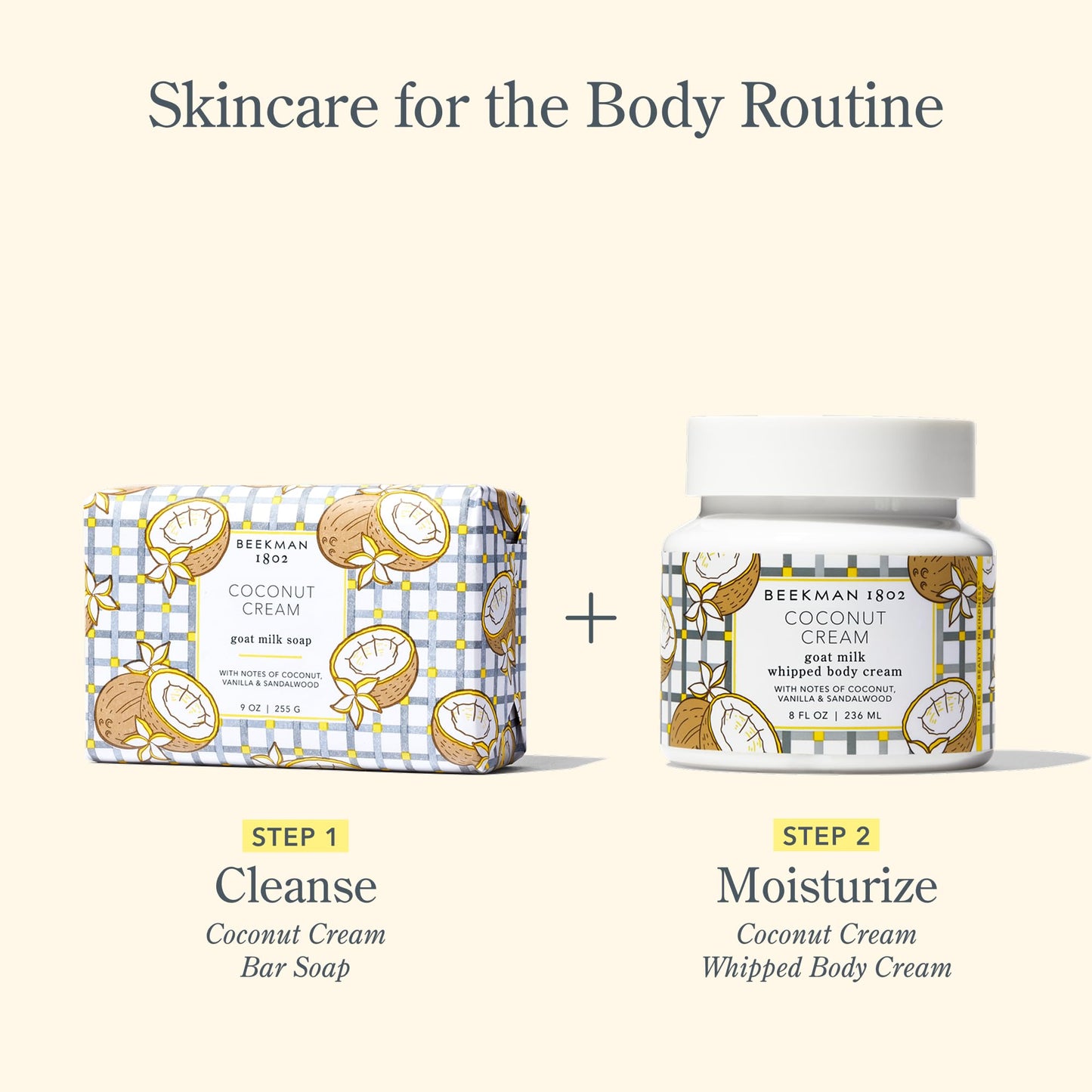 Beekman 1802 Coconut Cream 3-Piece Body Care Sampler Set – Goat Milk Skincare Mini Set with Body Cream, Hand Cream & Bar Soap – Travel Size Gift Set