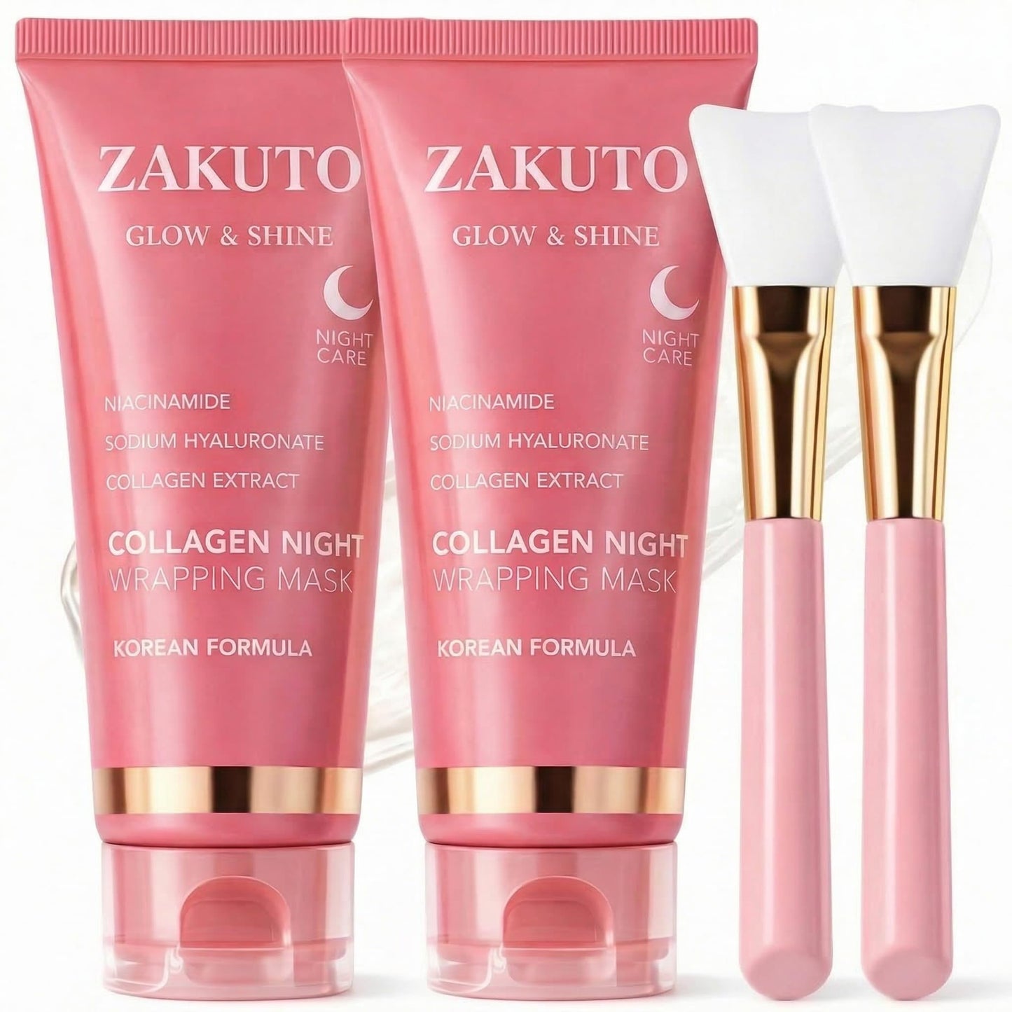 ZAKUTO Collagen Face Mask 2 Pack – Korean Formula – Peel Off Overnight Face Mask for Glass Skin, Hydrating & Firming Collagen Mask with Brush, Korean Skincare for Elasticity & Glow (2.53 fl oz)