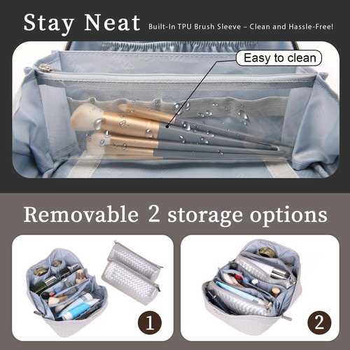 Travel Makeup Bags Cosmetic Organizer Bag: Large Capacity Make up Bag Set of 3 - Vegan Leather Toiletry Bag for Women - Portable Makeup Organizer with Compartments & Handle & Divider (04 Silver)