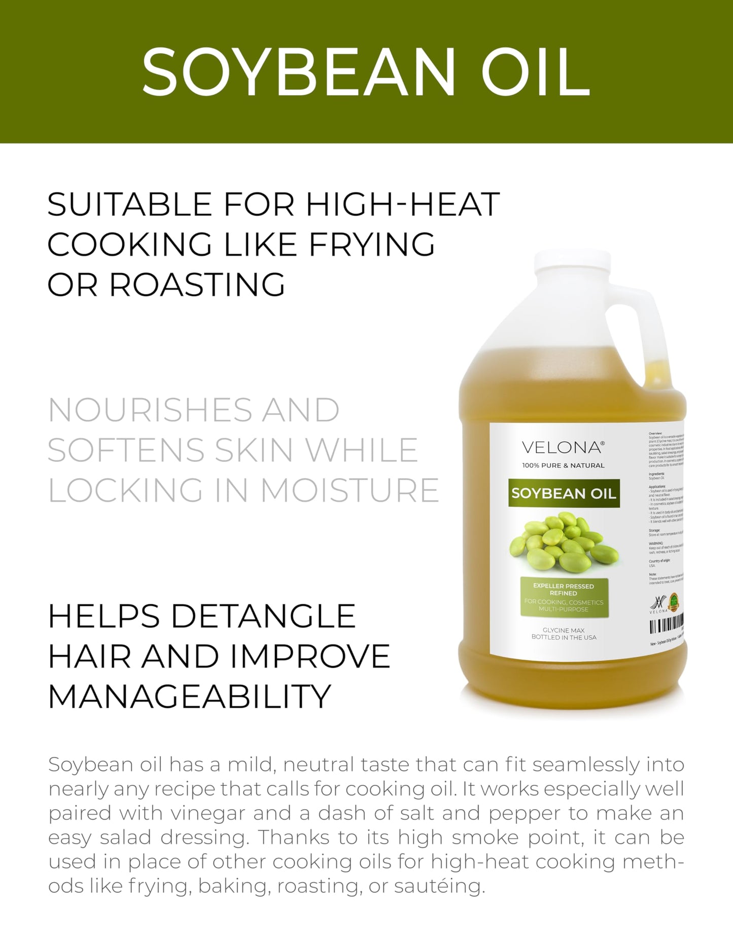 velona Soybean Oil - 64 Fl Oz | 100% Pure and Natural Carrier Oil | Refined | Cooking, Baking, Skin, Hair, Body & Face Moisturizing | Use Today - Enjoy Results