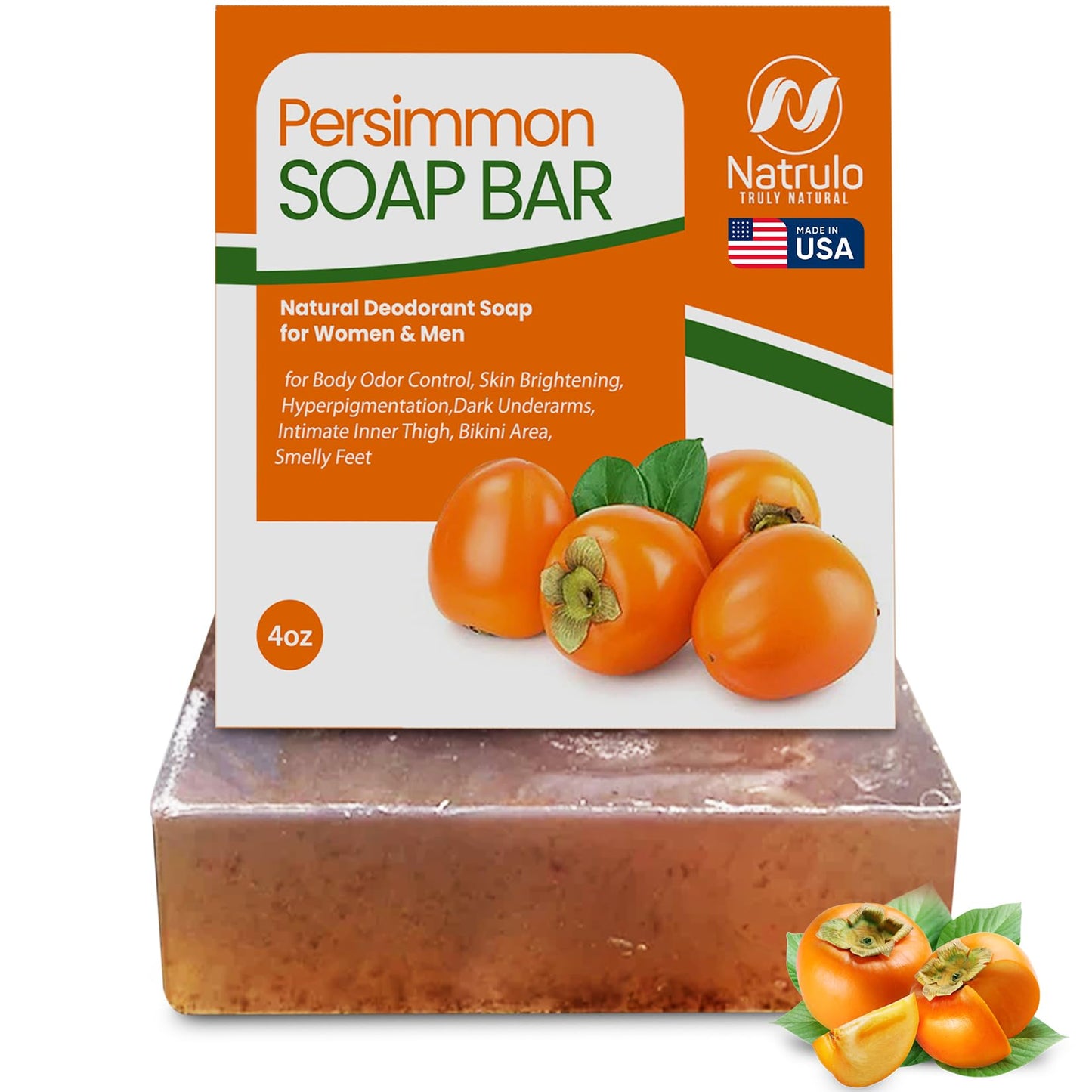 Natrulo Persimmon Soap Bar for Body Odor Control – Purifying Deodorizing Body Wash with Japanese Persimmon & Green Tea Extract for Eliminating Body Odor – Deodorant Soap for Skin Cleansing