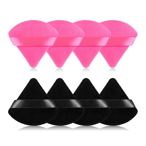 RAREIUS 8pcs Triangular Powder Puff Face Soft Velvet Makeup Puff for Loose Powder Body Powder Makeup Sponge for Contouring Wet Dry Foundation Blender Sponge Beauty Makeup Tool.(Black&Rose Red)