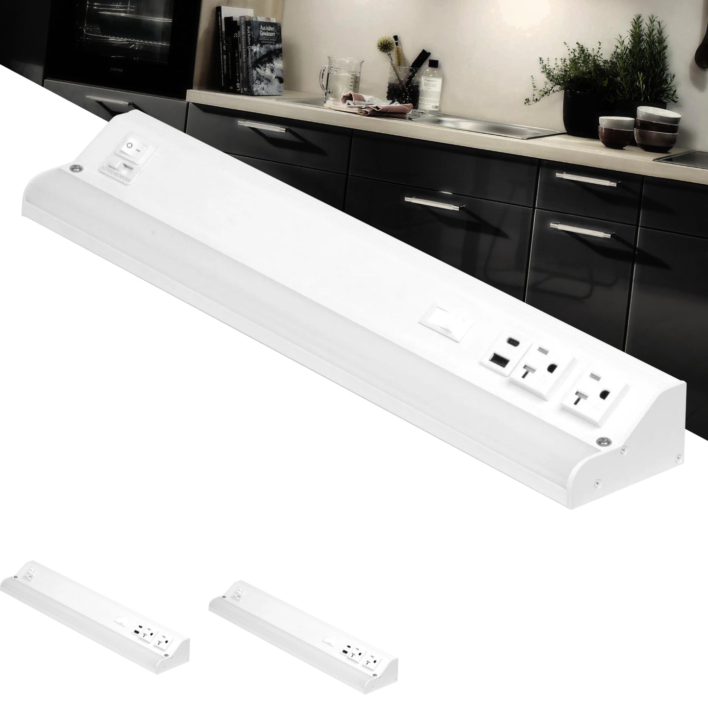 American Lighting LED Courant Plus Undercabinet Light 18 Inch 5CCT 90+ CRI 1000 Lumens with USB-A USB-C and 20A Receptacles White Finish Title 24 Compliant (2 Pack)