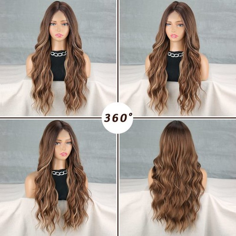 LINGHANG Long Ombre Brown Wavy Wig for Women 26 Inch Middle Part Brown Highlight Wigs Natural Looking Synthetic Heat Resistant Fiber Light Brown Curly Wig for Daily Party Use (Brown Highlight)