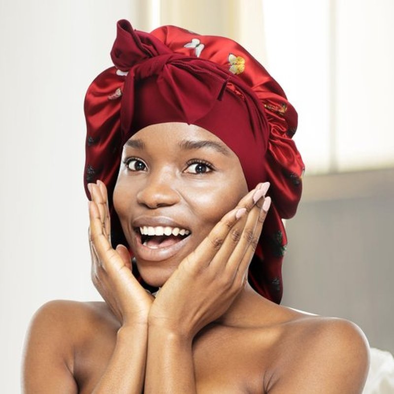 Arqumi Satin Silk Bonnet for Sleeping Women - 2 Pcs Large Long Strap Tie Band Adjustable Sleep Night Shower Cap Hair Bonnet Wrap for Men Reusable, Butterfly Pattern Black+Red