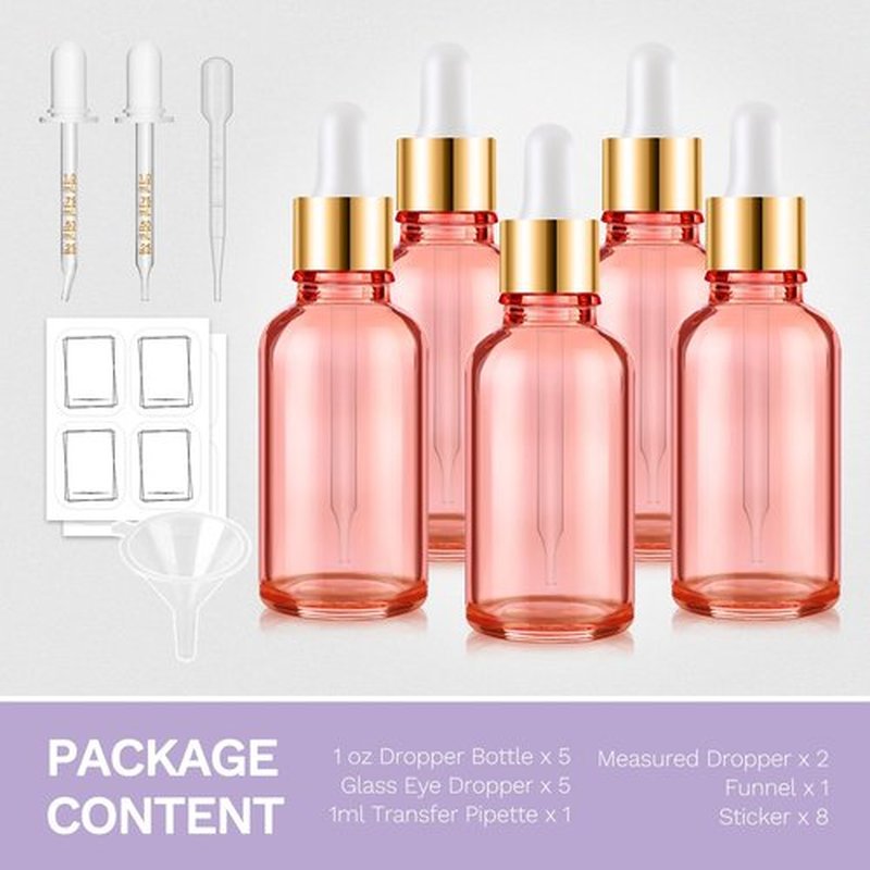 Bumobum Dropper Bottle 1 oz, 5 Pack Pink Glass Eye Dropper Bottles with Golden Lid for Essential Oils with 2 Measured Dropper 1 Funnel, 1 Pipette, 8 Labels, 30ml Leakproof Oil Dropper Bottle