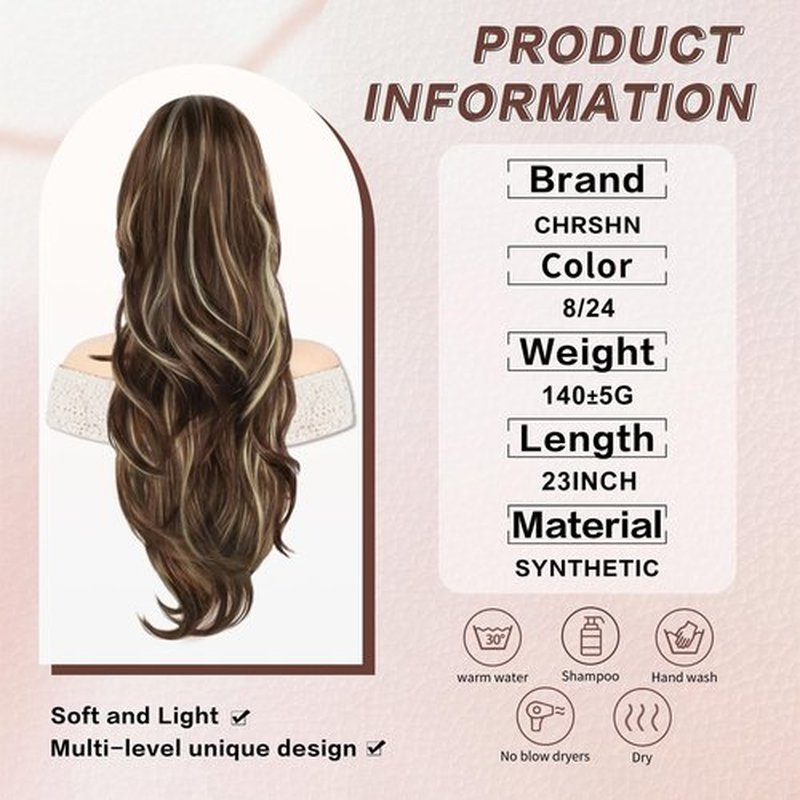 CHRSHN Ponytail Extension, 23 Inch Drawstring Ponytail Extension for Women Long Wavy Layered Pony Tails Hair Extensions Synthetic Clip in Ponytail Hairpiece for Women(8/24)