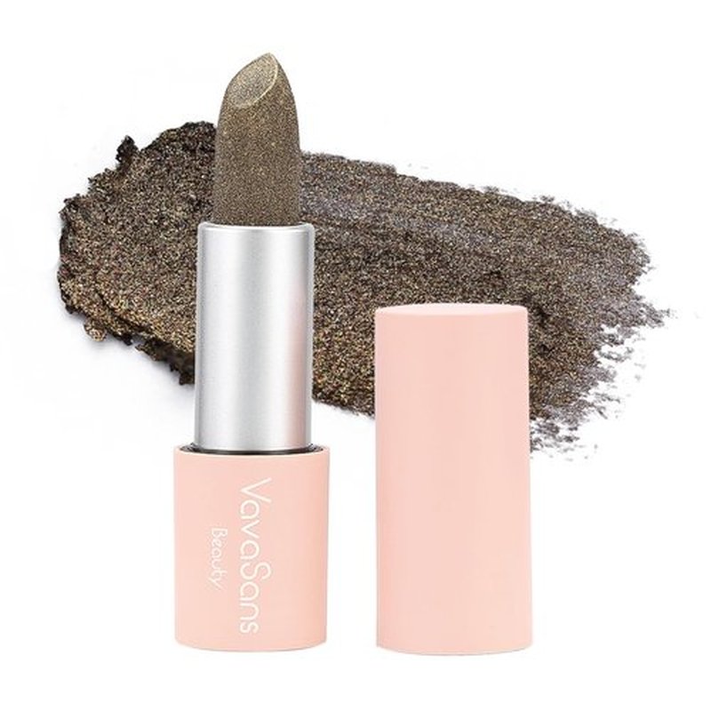 VavaSans Vegan Glitter Lipstick Space Grey Shimmer Metallic Sparkling Greige Shade Long Lasting Waterproof Non-Sticky Formula Diamond Shiny Highly Pigmented Lip Stick for Women