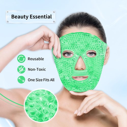 Cooling Eye Mask and Ice Face Mask Set for Reducing Puffiness, Bags Under the Eyes, Sinus, Redness, Pain Relief, Dark Circles, Migraine, and Hot Cold Use Reusable with Super Soft Lining (Green Set)