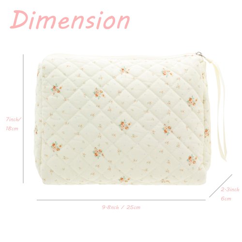 PAZIMIIK Cotton Makeup Bag for Women Large Quilted Travel Cosmetic Pouch Girls' Make Up Organizer,Floral White
