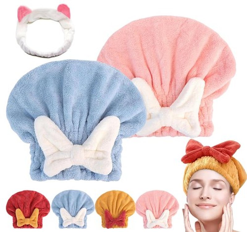 GDSAFS New Super Absorbent Hair Towel Wrap for Wet Hair, Efficient Absorbent Hair Towel Wrap, Microfiber Hair Towel Wrap, Quick-Drying Thickened Soft Bow Tie Wet Hair Towel Wrap for Women (Blue&Pink)