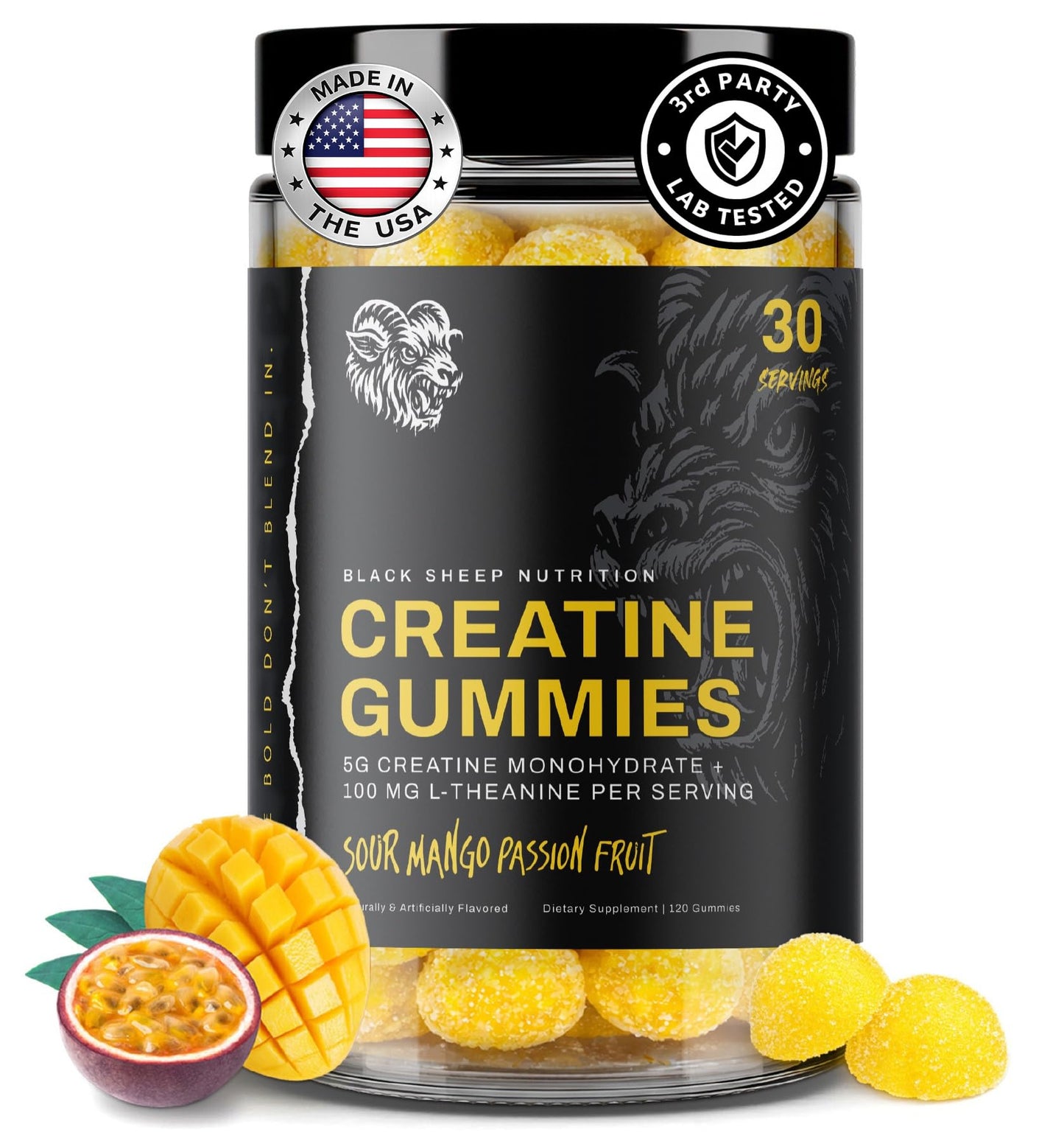 BLACK SHEEP NUTRITION Creatine Gummies, 5g of Creatine Monohydrate, L-Theanine, Non-GMO, Vegan - Build Muscle & Boost Recovery for Men & Women, Made in USA (30 Servings, Sour Mango Passionfruit)