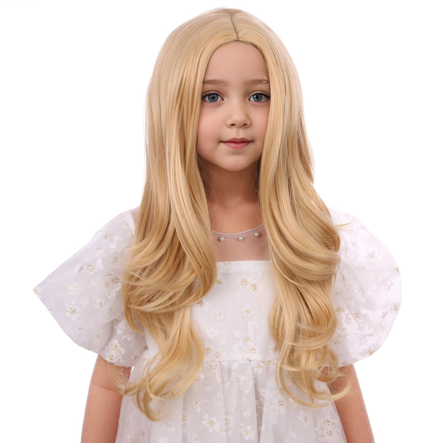 Edivd Girls Light Blonde Wig Kids Long Mixed Blonde Wavy Curly Wig Girls Blonde Middle Part Wig Heat Resistant Synthetic Wig with Wig Cap