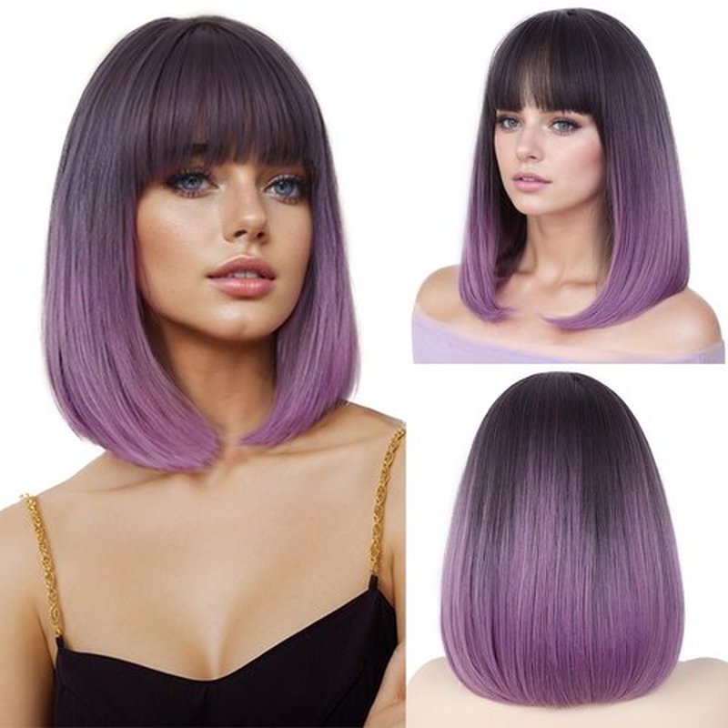 HANNE Purple Wig with Bangs Omber Purple Bob Wigs 14 Inch Straight bob wig Heat Resistant Synthetic Colored wigs for Women