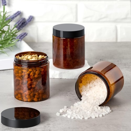 TUZAZO 8 Oz Amber Plastic Cosmetic Jars Leak Proof Container with lids for Cream, Lotion, Powder, Ointments, Beauty Products, 12 Pcs