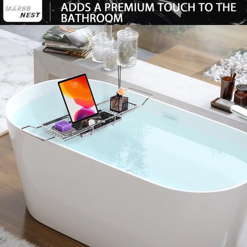 MARBBNEST Bathtub Tray Caddy for Luxury Bath Expandable Extra Wide Bath Tub Tray with Natural Marble Tray and Mobile/Tablet Stand, Ideal for Home Spa Lovers (Chrome + Black)