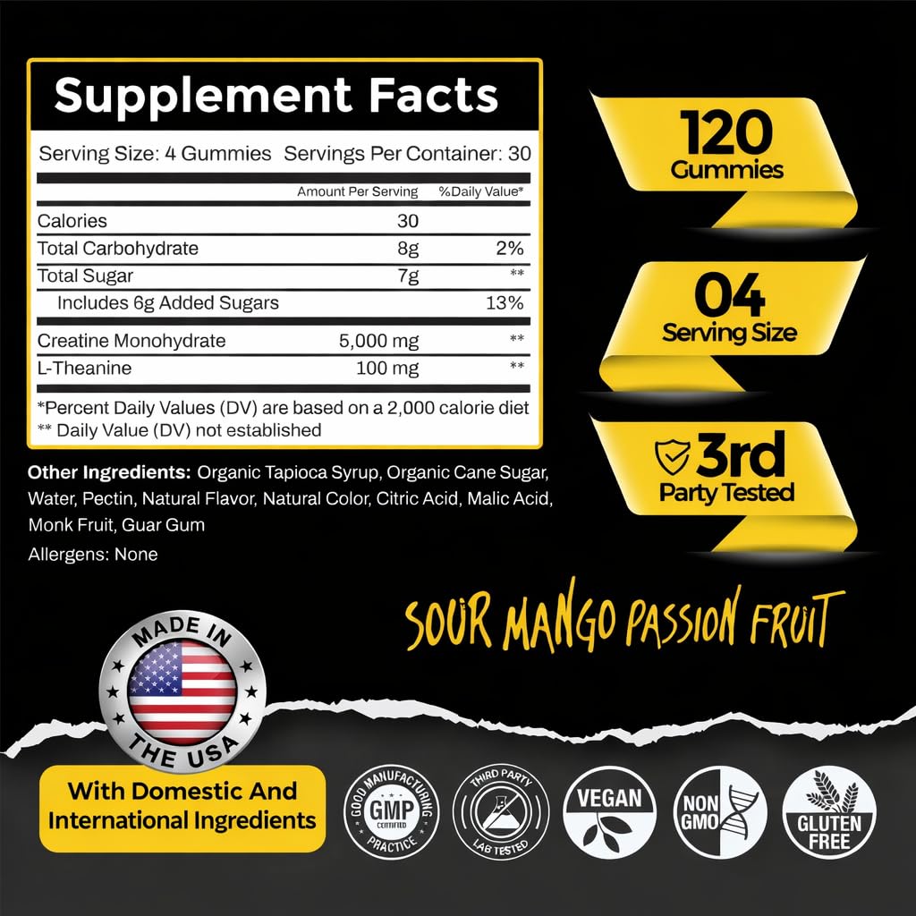 BLACK SHEEP NUTRITION Creatine Gummies, 5g of Creatine Monohydrate, L-Theanine, Non-GMO, Vegan - Build Muscle & Boost Recovery for Men & Women, Made in USA (30 Servings, Sour Mango Passionfruit)