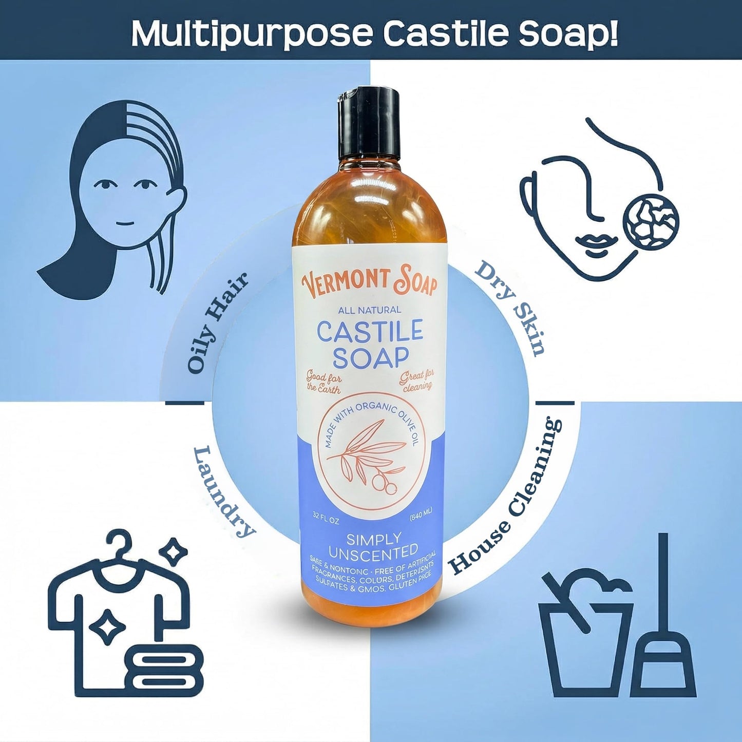 Vermont Castile Soap Unscented, Gentle Liquid Soap for Sensitive Skin & Natural Body Wash, Organic Hair Shampoo for Oily Hair, Aloe Castile Soap for Men & Women - 32 oz