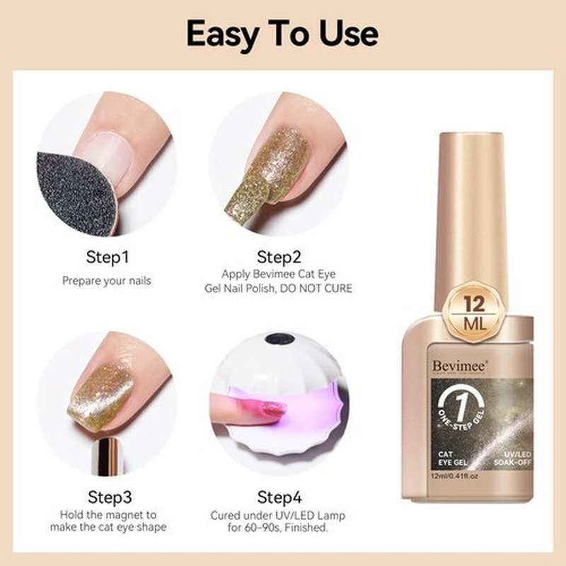 Bevimee Cat Eye Gel Polish 12ML Champagne Gold Magnetic Nail Polish Gel 3 in 1 Step - Glitter Cateye Crushed Ice Effect, Sparkle Crystal Nail Gel Nail Art Polish Soak Off Salon Manicure Gift