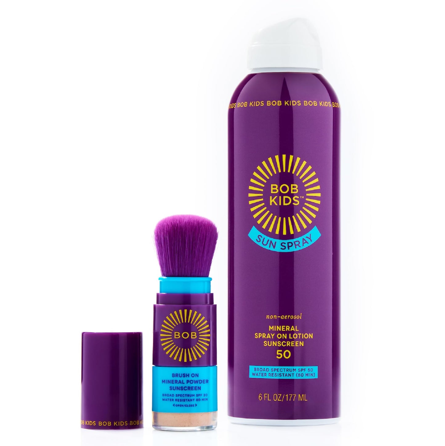 BOB KIDS SPF 50 Sun Spray + SPF 30 Brush On Powder Sunscreen, Mineral Sun Protection, Broad Spectrum, Water Resistant, Fragrance Free, Reef Friendly