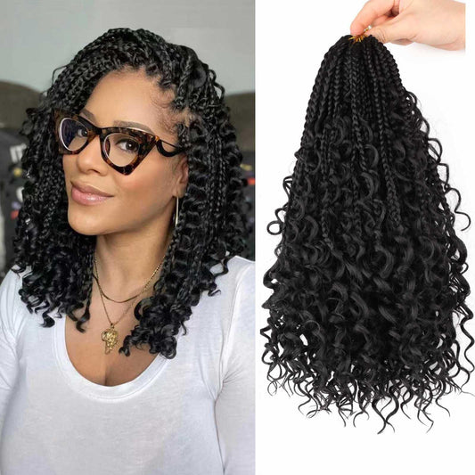 8 Packs Goddess Bohemian Box Braids Crochet Hair with Curly Ends 12 Inch Boho Braids Crochet Box Braids Synthetic Braiding Hair Extensions for Black Women (1B, 12 inch 8 pack)