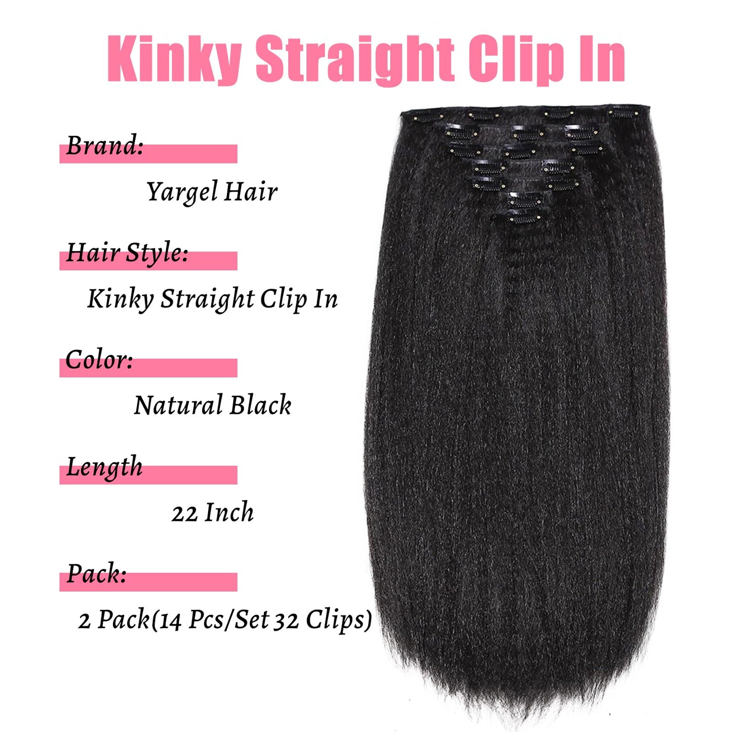 Yargel Hair 22 Inch 2 Pack Kinky Straight Clip in Hair Extensions for Black Women Yaki Straight Clip ins Full Head Seamless Synthetic Hair Pieces(14 Pcs/Set 32 Clips)