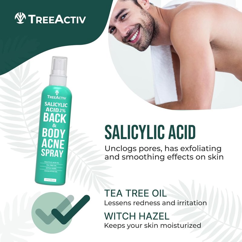 Back Acne Spray, 2% Salicylic Acid (BHA) Body Acne Spray, Fast-Drying Tea Tree Oil + Aloe Mist for Back, Chest, Shoulders & Butt, 4 fl oz