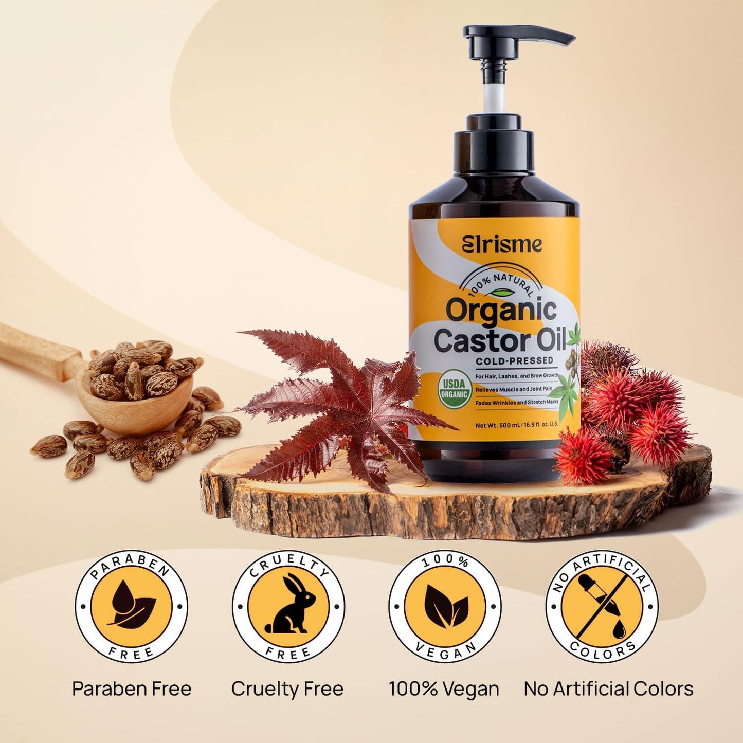 Cold Pressed Organic Castor Oil, Organic Black Castor Oil Hair Growth Serum for Eyelashes and Eyebrows, USDA 100% Pure Organic Castor Oil Non-Glass Bottle, Hexane-Free - 16 Oz