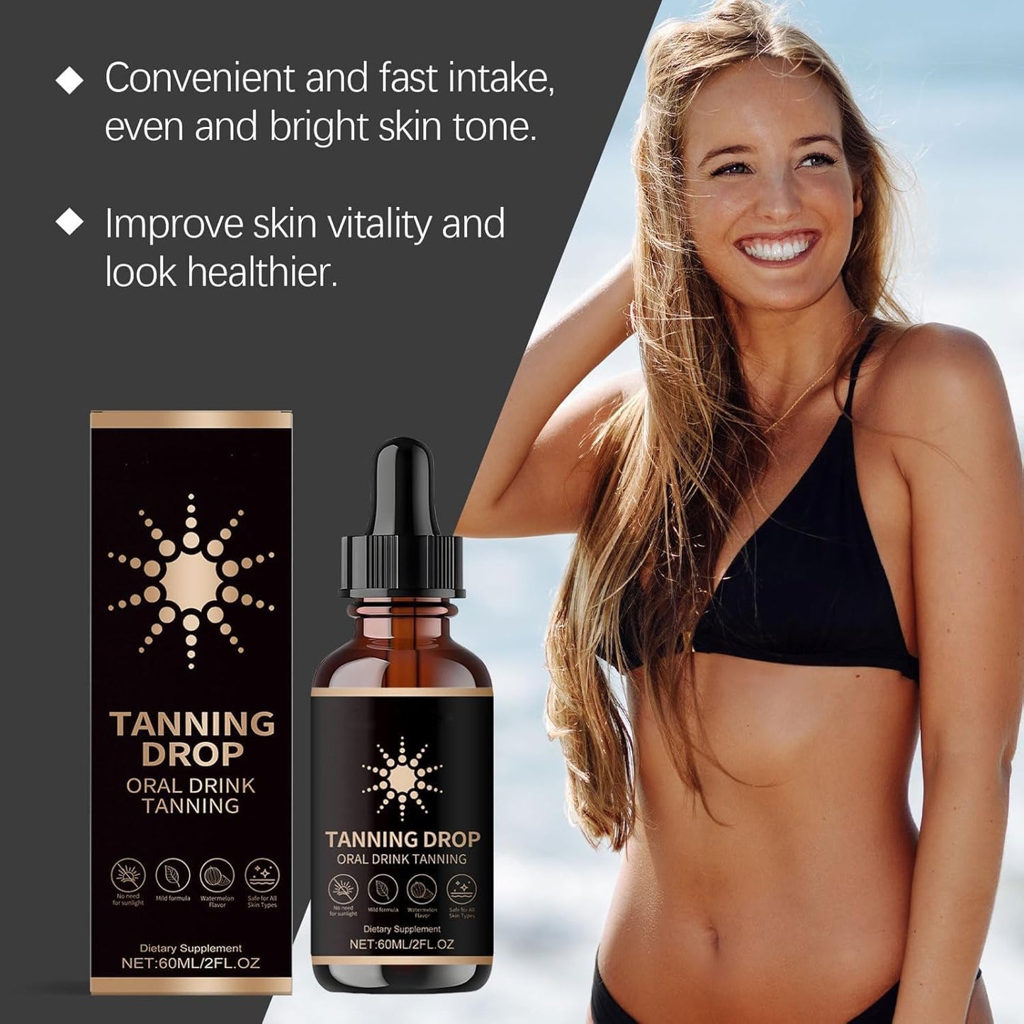 Tanning Drops, Sunless Tanning Drops To Drink, Sunless Self Tanner, Bronzing Tanner for Face and Body, Drinkable Tanning Drops Enhancing Natural Skin Tone for All Skin Types, 2Fl Oz