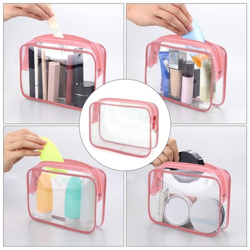 Wedama TSA Approved Toiletry Bag, Cosmetic Bags 2 Pack with Zipper Carry on Airline Airport Travel Accessories, PVC Makeup Bags for Travel, Quart Size Travel Bags for Men and Women-Pink