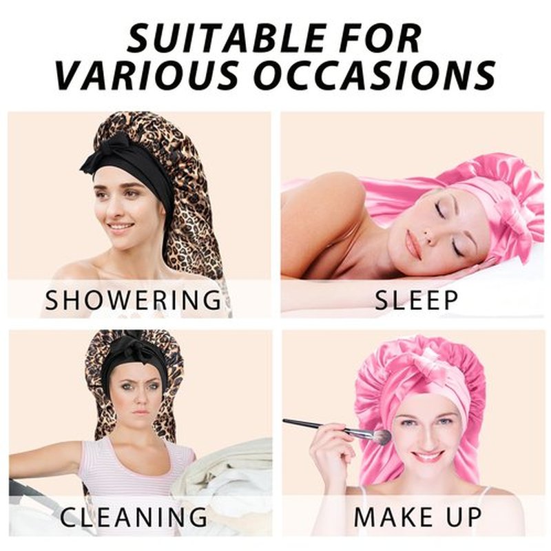 2Pcs Bonnets for Black Women Braid Bonnet, Large Long Bonnet Satin Bonnet for Braids,Black Women Silk Bonnet with Stretchy Tie Band Braid Bonnet for Sleeping Extra Long (Pink & Leopard)
